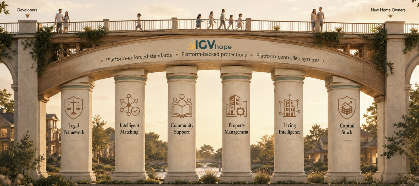 The six pillars of the IGVhope pathway: Legal Framework, Intelligent Matching, Community Support, Property Management, Living Intelligence, and Capital Stack